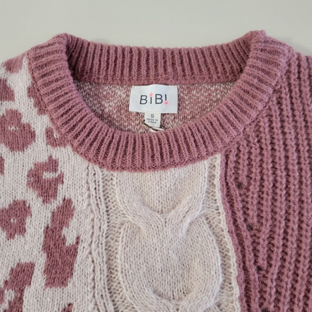 BiBi Denim Sleeve Leopard Sweater Rose Creme Black - Picture 10 of 16